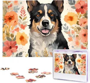 Photo Puzzle for Adults (29.5" x 19.7") Cattle Dog Florals Puzzles 1000 Pieces Wooden Jigsaw Puzzle Yuan Personalized Picture Puzzles Family Decoration 
