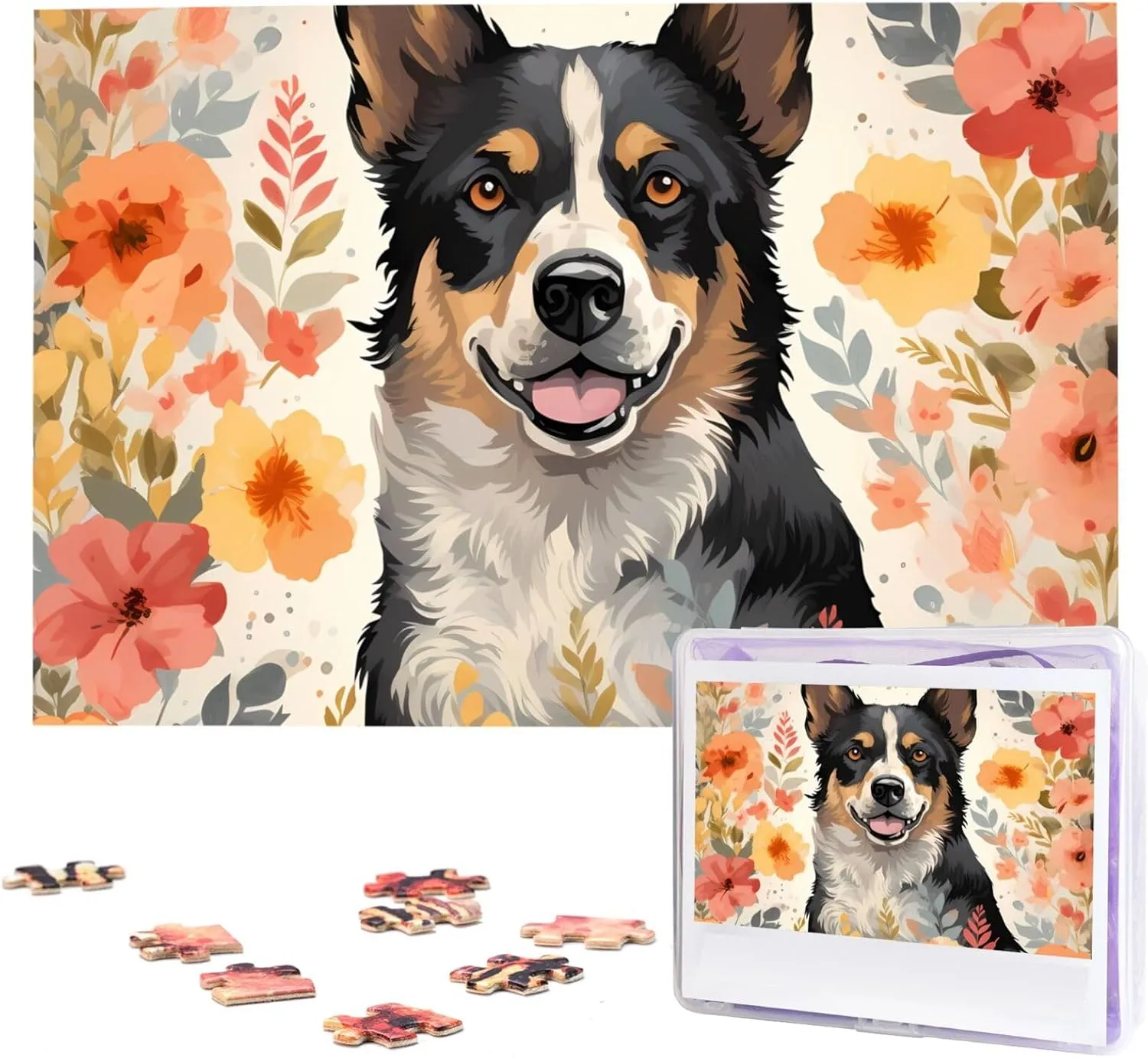 Photo Puzzle for Adults (29.5" x 19.7") Cattle Dog Florals Puzzles 1000 Pieces Wooden Jigsaw Puzzle Yuan Personalized Picture Puzzles Family Decoration 