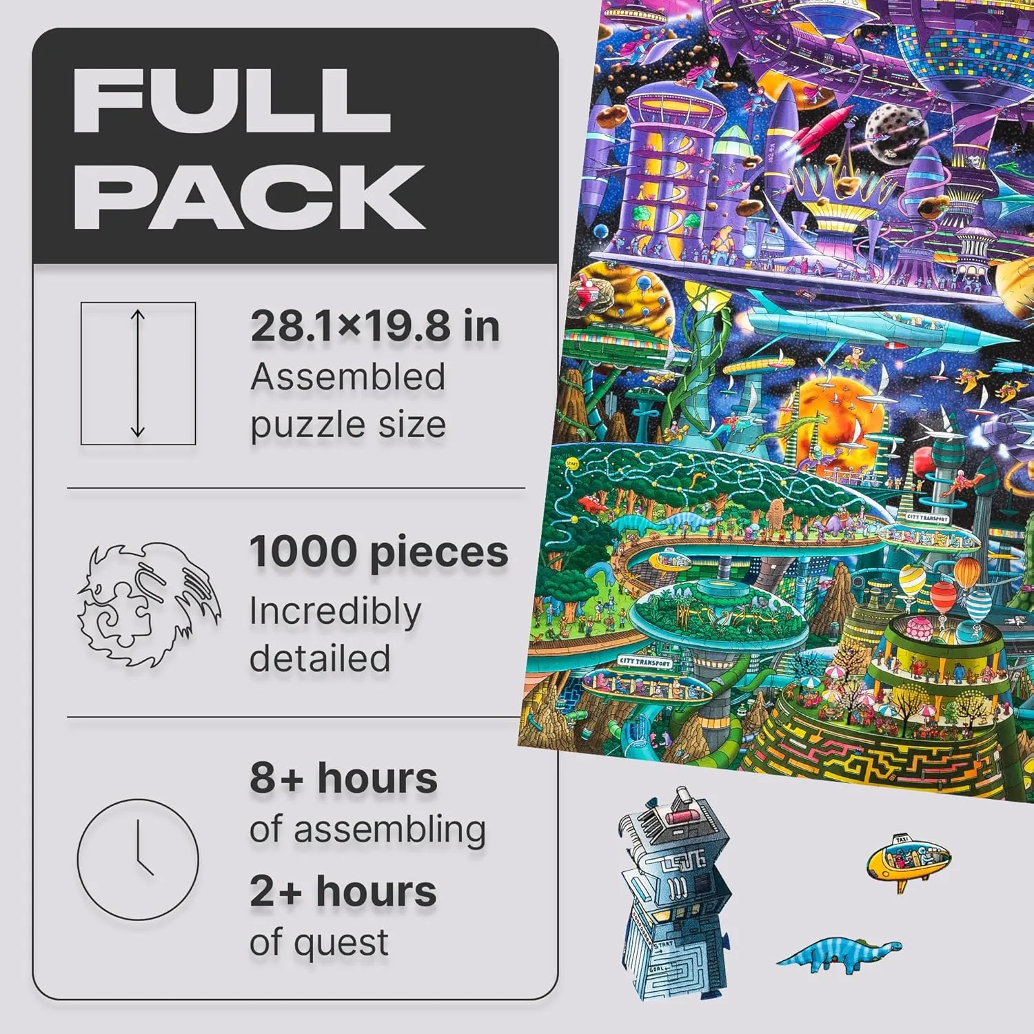 Pieces, 28.2 by 19.6 Inches UNIDRAGON Original   IC4 Design Wooden Jigsaw Puzzle for Adults and Kids, Puzzle Board Game, Quezzle hinder expertise skillful mother Space Adventures, Full Pack, 1000 