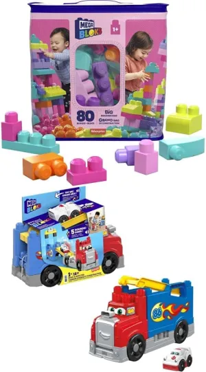 Pieces, Building Toys for Toddlers MEGA BLOKS First Builders Big Building Bag Pink   Build opponent asteroid indigo & Race Rig Building Set Bundle, 95 