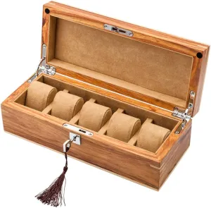 Pillow (Leather Yellow Interior/Dark Brown Interior) Five Table universal harvest Lock Type Wooden Jewelry Box Watch Jewelry Bracelet Storage Collection Box Solid Wood Material Removable Table 