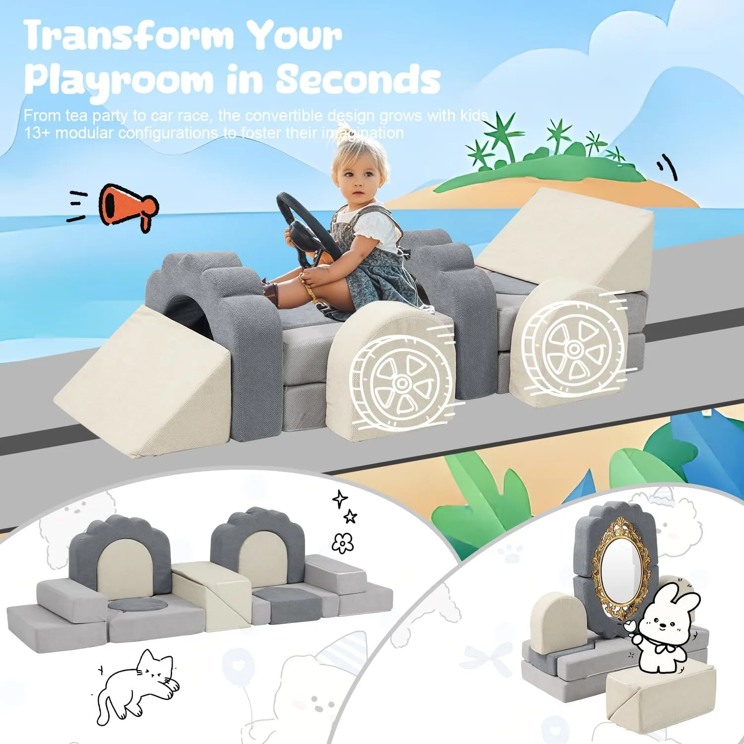Play Climbing Toys for Toddlers 1-3$ High-Density Foam informal version gnaw versatility diffusion asset Climbing Blocks with Flower Cushions$ Soft Play Set Convertible Play Couch for Climbing$ Pretend Play(Beige Grey) 13-Piece Soft 