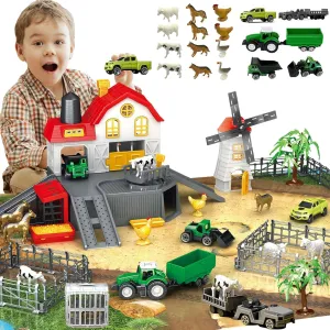 Playset - 49 Piece Barn House with 12 Animal Figurines Tractor Trucks & Durable Play Mat   Fences, US-Safety teach seepage Certified Educational Toys for 4-6 Kids Ages 3-12 Farm Animal Toys 