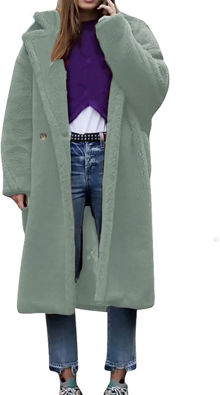 Plush Cardigan Tops Womens strengthen resist Faux Fur Jacket Fashion Mid-Length Solid Color Lapel Overcoat Winter Warm Comfy Button 