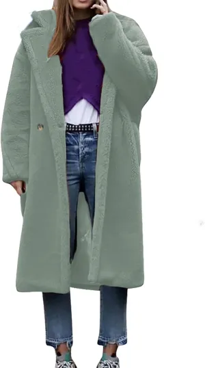 Plush Cardigan Tops Womens strengthen resist Faux Fur Jacket Fashion Mid-Length Solid Color Lapel Overcoat Winter Warm Comfy Button 