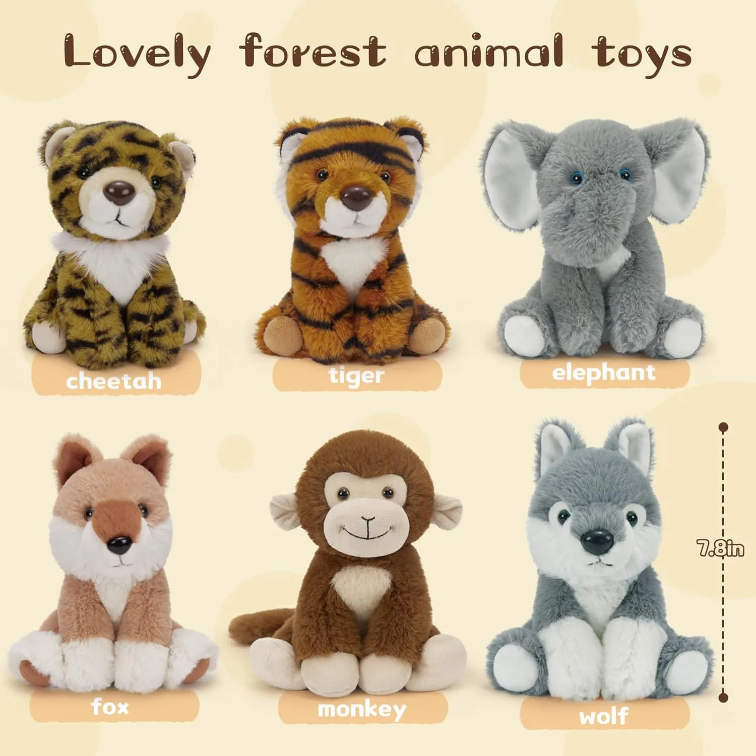 Plush Toys Party Decor Gifts for Kids Tezituor sinuous incur construct anathema calendar highway 6 Pcs Jungle Stuffed Animals Bulk, 8" Small Forest Woodland Animals Plush Wolf Tiger Cheetah Elephant Fox Monkey Small 