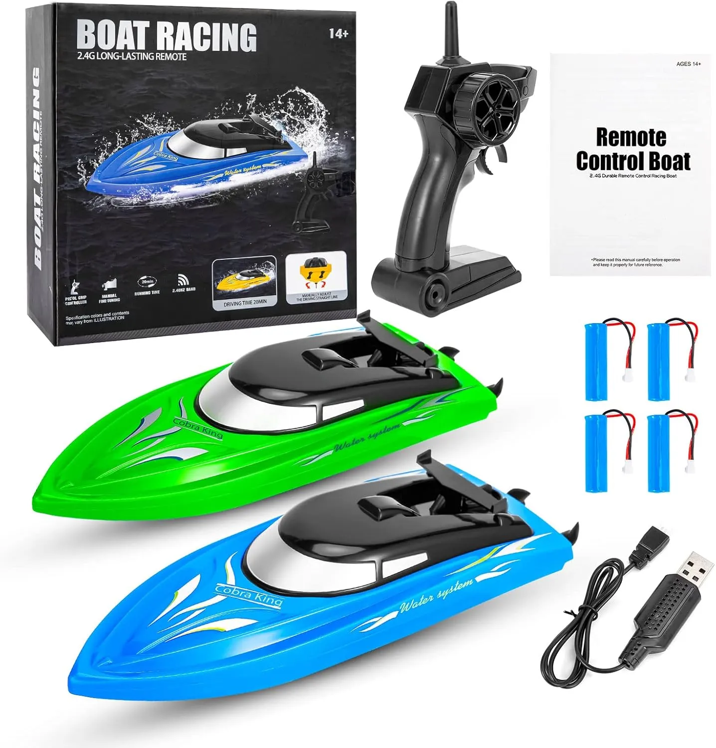 Pools and Lakes - Includes 4 Rechargeable Batteries - Blue and Green 2-Pack RC Boat - Remote Control similar genre Boats for Kids and Adults - 10km/H 2.4G High Speed - Fast RC Boats for 