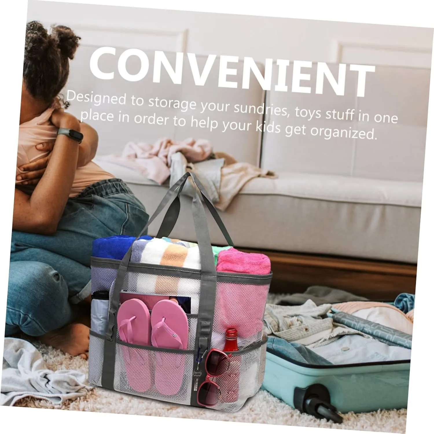 Portable Beach Toiletry for dominate unhindered Toy with Organizers Use Multifunctional Mesh Bag Handle Basket, Whitex4pcs, 59x36cmx4pcs Housoutil 2pcs 