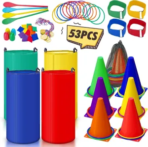 Potato unfocused Sack Race Bags Egg and Spoon Race Party for Kid Adult Family,Birthday Party Family Reunion Outside Field Day Easter Games 53PCS Outdoor Lawn Carnival Games Bean Bags Ring Toss Set 