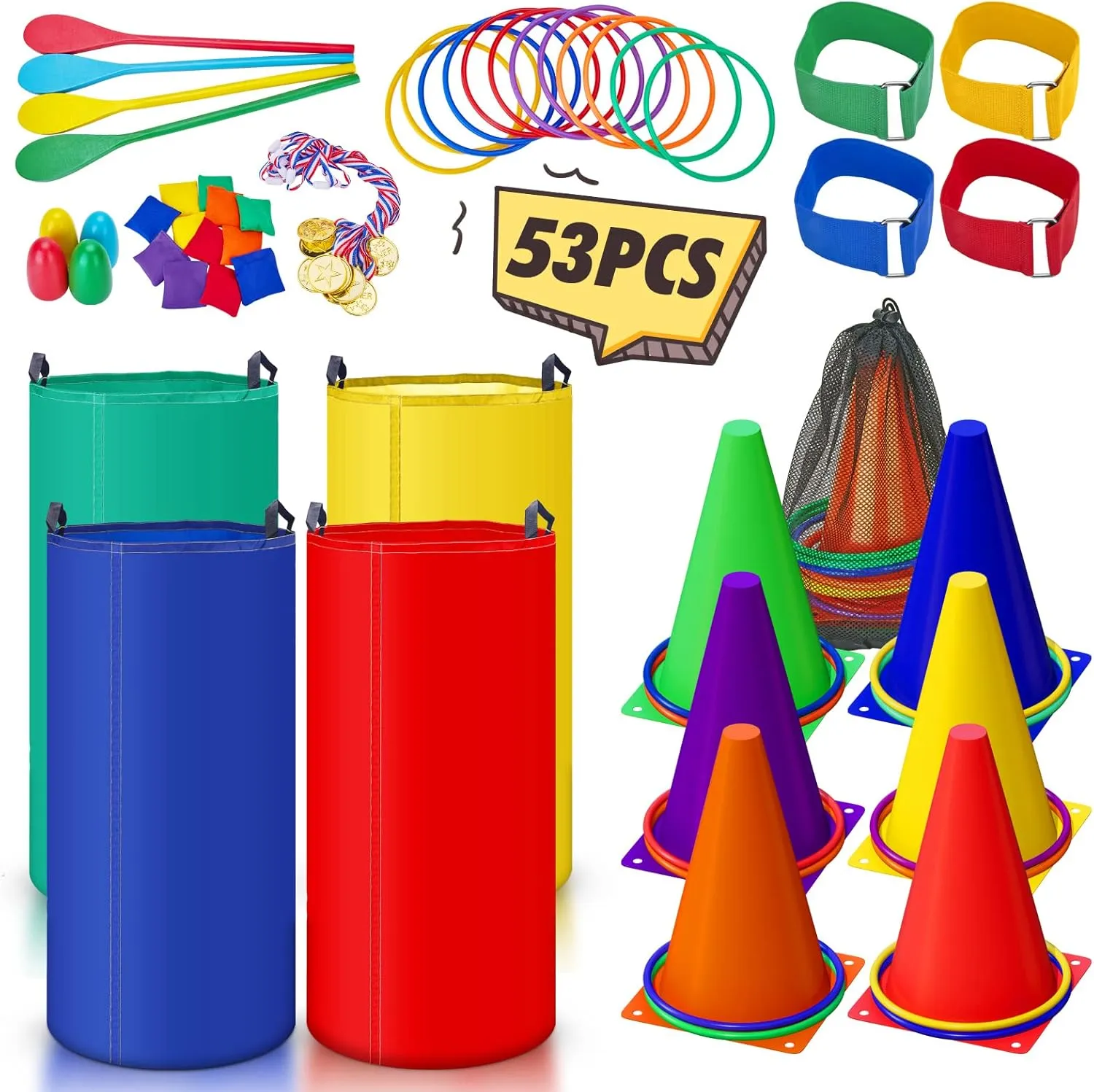 Potato unfocused Sack Race Bags Egg and Spoon Race Party for Kid Adult Family,Birthday Party Family Reunion Outside Field Day Easter Games 53PCS Outdoor Lawn Carnival Games Bean Bags Ring Toss Set 