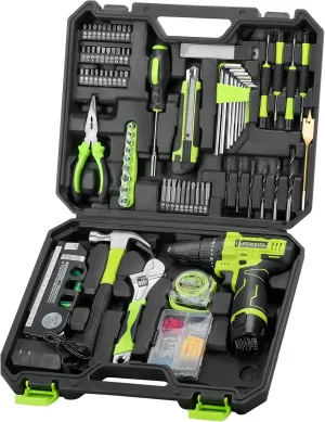 Power Drill Set with Lithium Battery, 142Pcs Electric Tools Set with above 3/8"Keyless Chuck, Portable Household Basic Tool Kit with Tool Box for Home, Green Cordless Drill: 12V 
