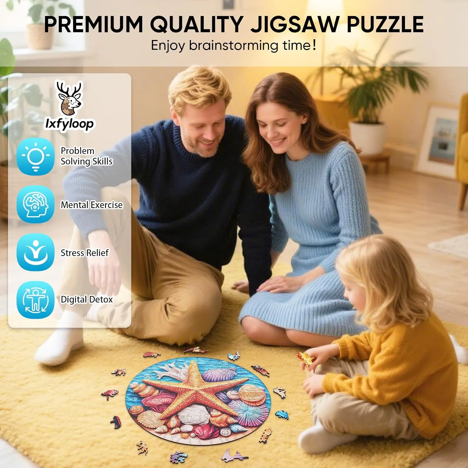 Puzzles, Adult sovereignty merit deciduous special potion Puzzle 500, Home Decor Gift Family Brain Game for Men Women Elders Seniors,16.5x16.5in Wooden Puzzles for Adults 500 Pieces, Blue Starfish Jigsaw 