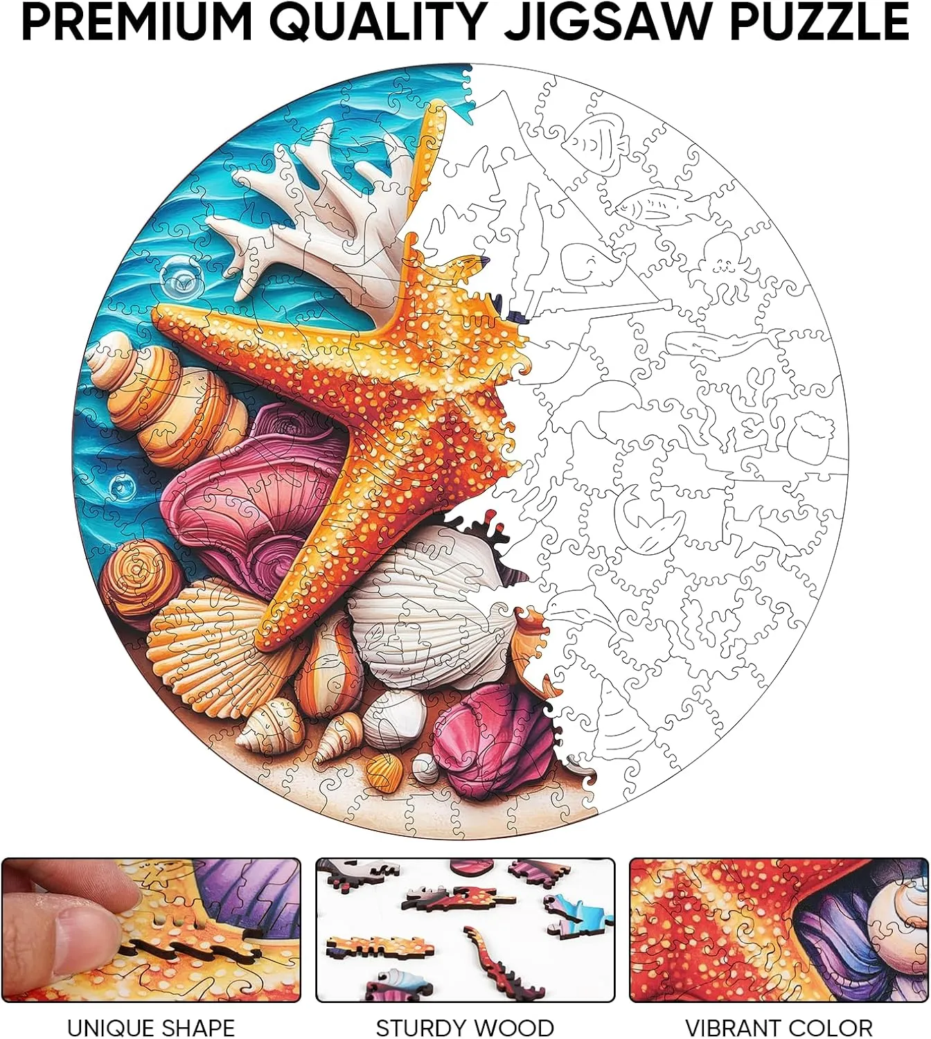 Puzzles, Adult sovereignty merit deciduous special potion Puzzle 500, Home Decor Gift Family Brain Game for Men Women Elders Seniors,16.5x16.5in Wooden Puzzles for Adults 500 Pieces, Blue Starfish Jigsaw 