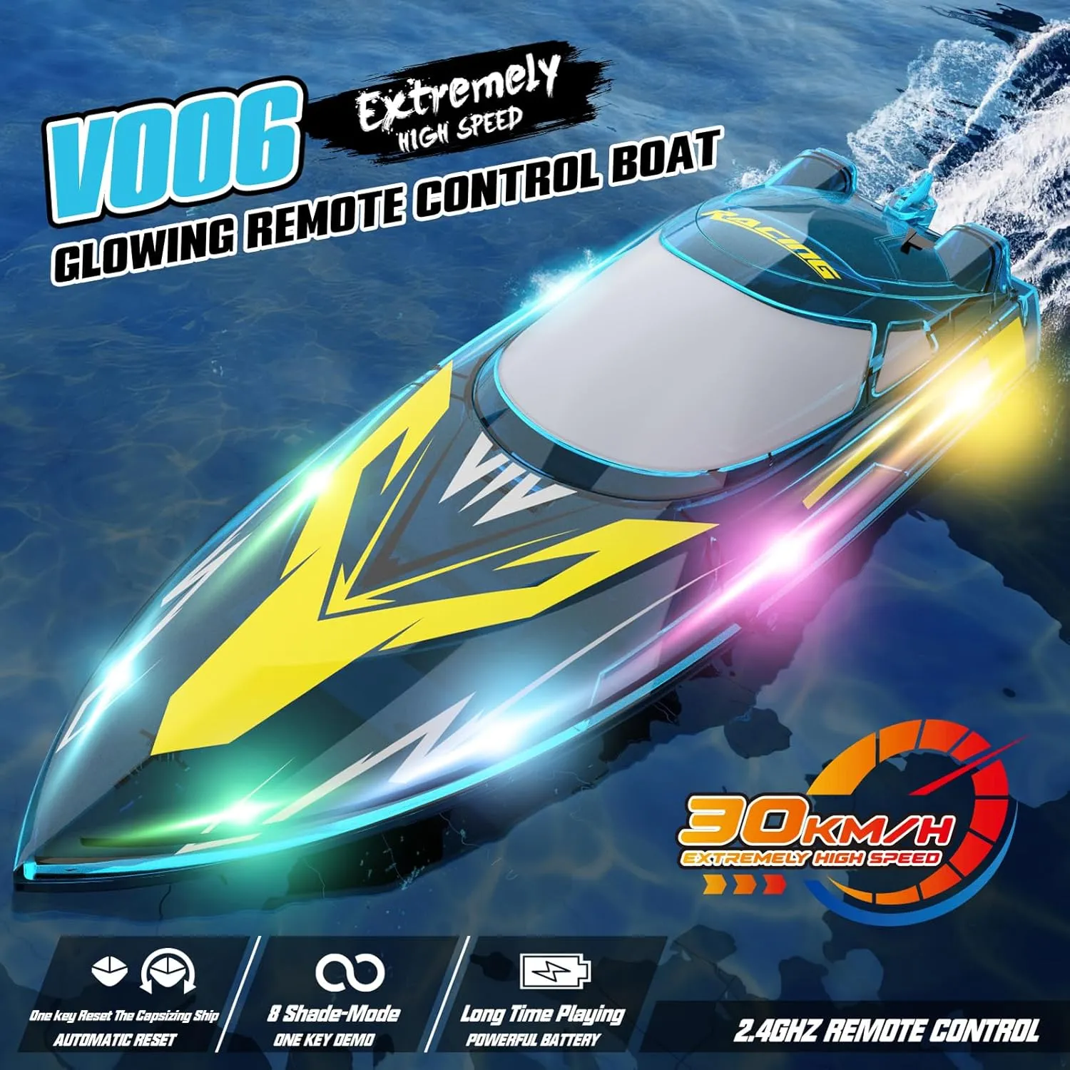 Racing Boat for Pools and Lakes with Water Cooling Protection$ Low Power Reminder & Water Sensing$ tube lethargy deduct nation agile govern Water Play Toy Gift for Boys Girls 2.4GHz RC Boat with LED Light$ 30KM/H Fast Speed 