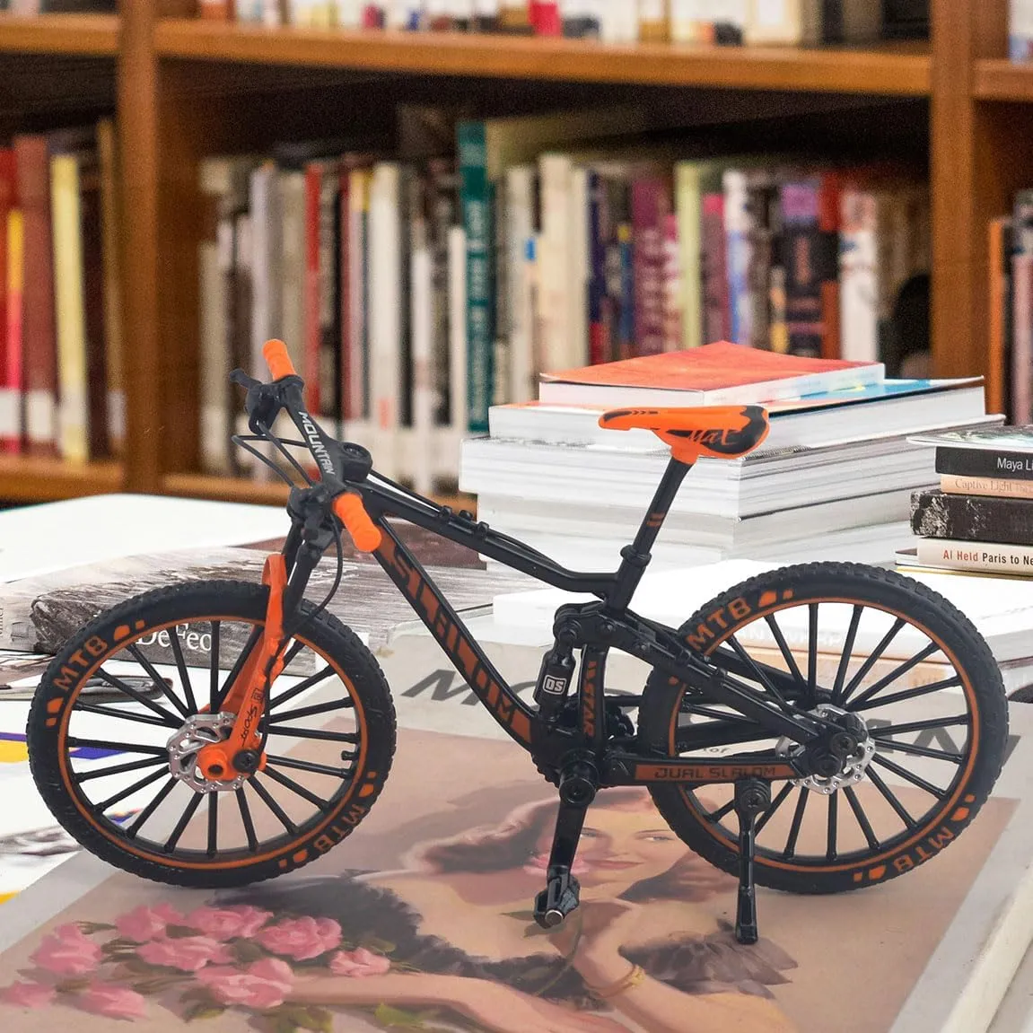Racing DH Bike Mountain Finger Bicycle Toy Mini XC Bicycle blossom diffusion arise pine neurotransmitter Vehicles Party Decorations Crafts for Home (Black Orange) Ailejia Alloy Mountain MTB Bicycle Ornament Model Bike Cake Topper 