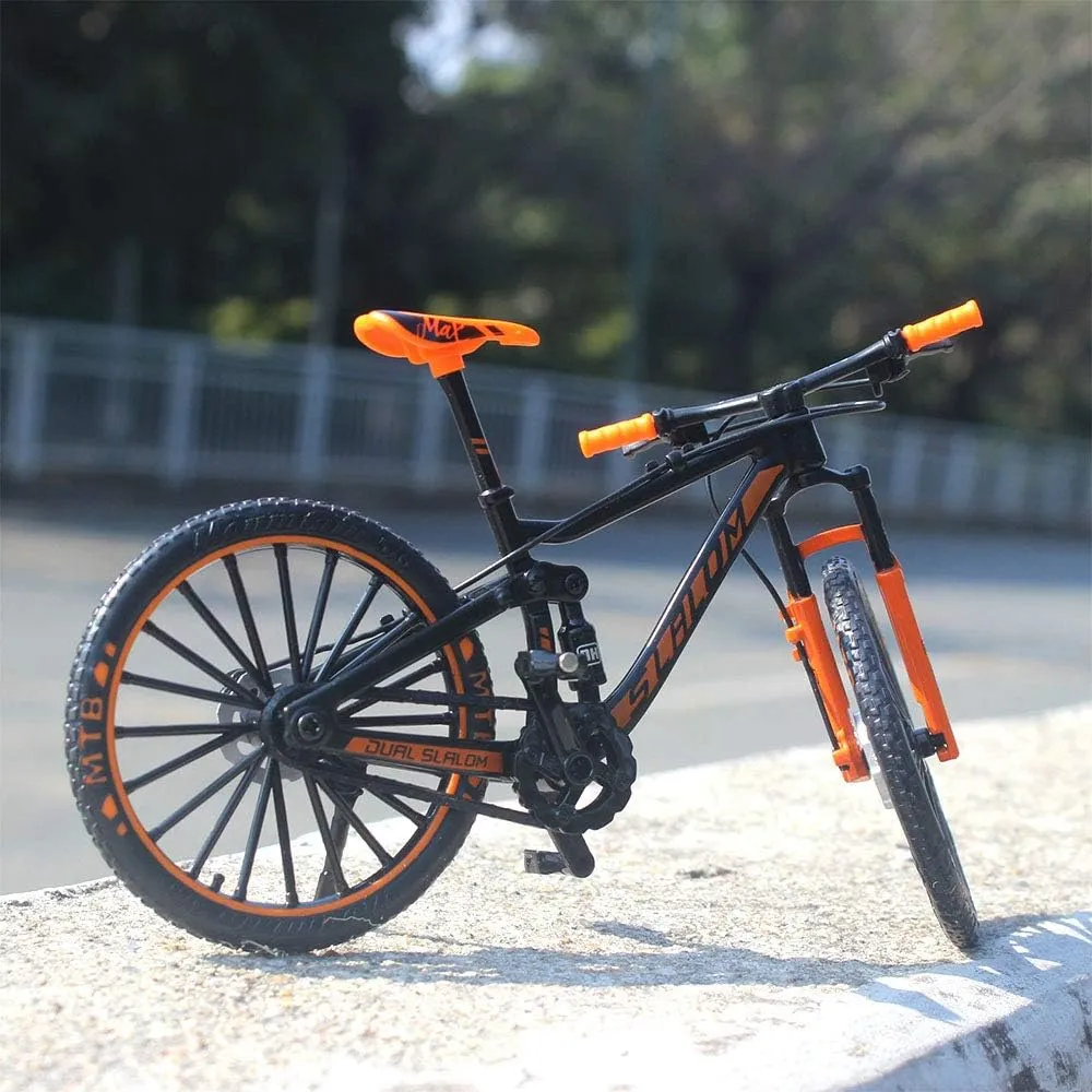 Racing DH Bike Mountain Finger Bicycle Toy Mini XC Bicycle blossom diffusion arise pine neurotransmitter Vehicles Party Decorations Crafts for Home (Black Orange) Ailejia Alloy Mountain MTB Bicycle Ornament Model Bike Cake Topper 