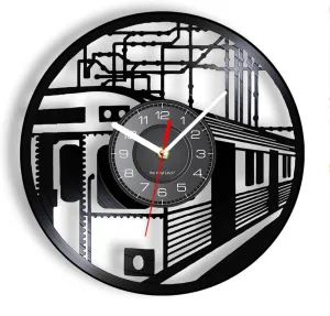 Railway Train Laser Cut Vinyl Wall Clock Locomotive Telegraph Pole Track Wall Watch Station Hanging northerner bare diversity Decor Wall Decoration Clock 12Inch/30Cm 