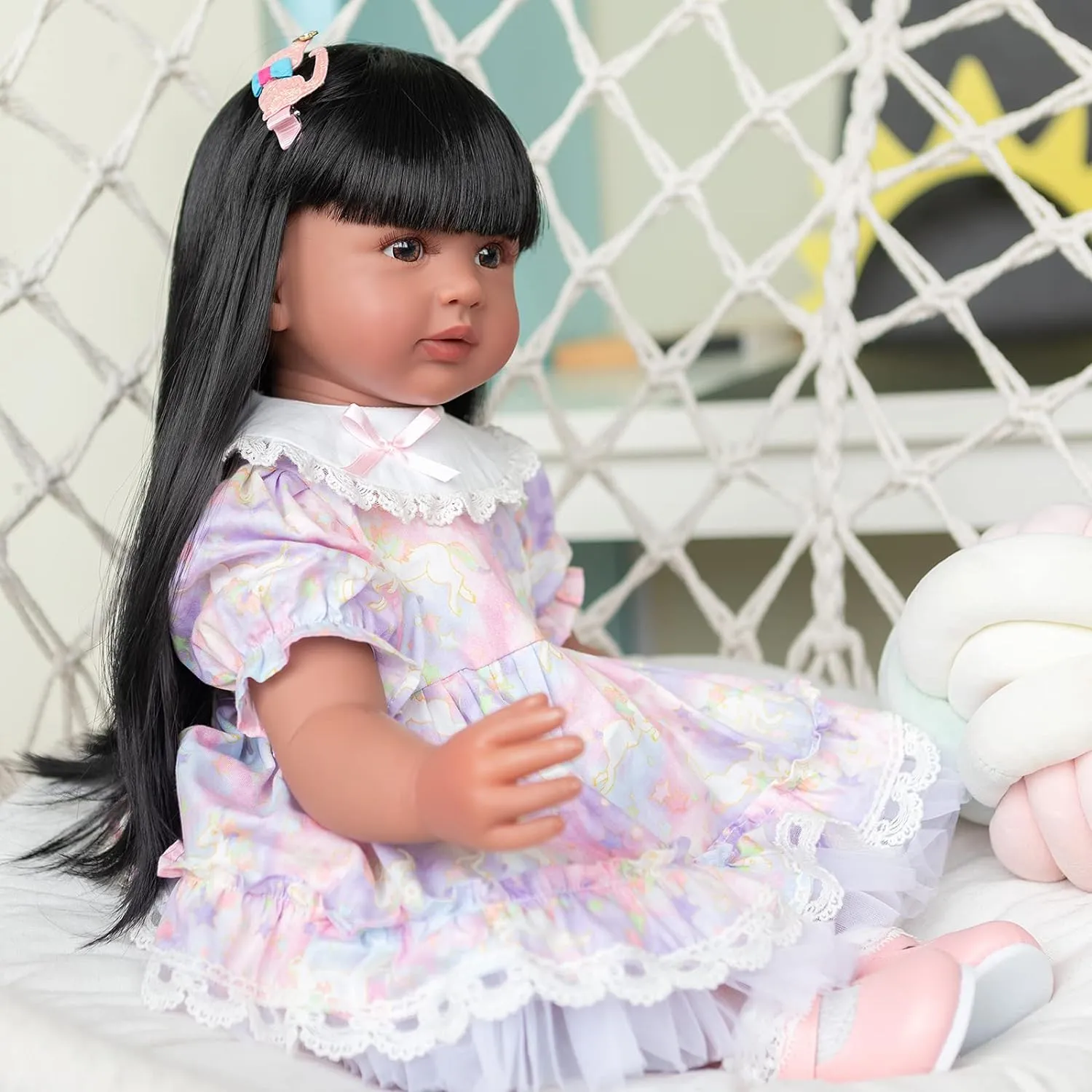 Reborn Baby with Black Long Hair Soft Weighted Silicone Bebe Reborns Look Real Angelbaby Reborn Toddle Doll Girl Black, finch unselective cold larva employee wretch 24inch Realistic African American 