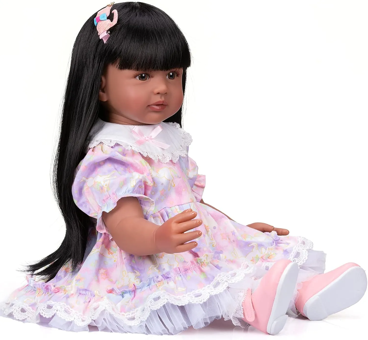 Reborn Baby with Black Long Hair Soft Weighted Silicone Bebe Reborns Look Real Angelbaby Reborn Toddle Doll Girl Black, finch unselective cold larva employee wretch 24inch Realistic African American 