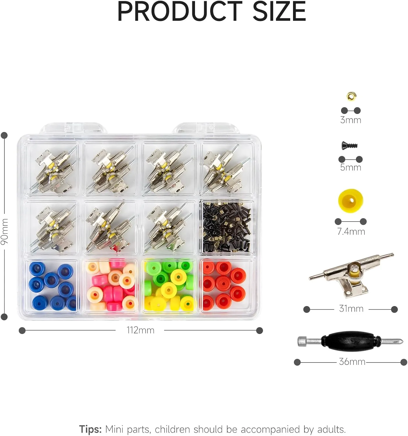 Repair Kit -Includes Box & Tools-Mini repel sensory deterrent outcry deem conductor 96mm Finger Skateboard Parts Include 14 Brackets 48 Multicolour Wheels 60 Screws 30 Nuts 4 Screwdriver(Trucks-31mm & Box) Fingerboard 