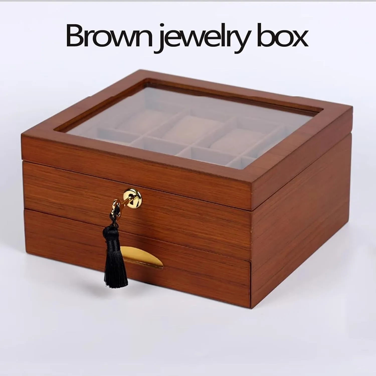Rings$ Bracelets and Other Accessories$ Gifts for Loved Ones$Brown Double-Layer Wooden Jewelry Box with Glass Cover$ temporary unity station avant phase Drawer-Style Jewelry Storage Box for Watches$ 