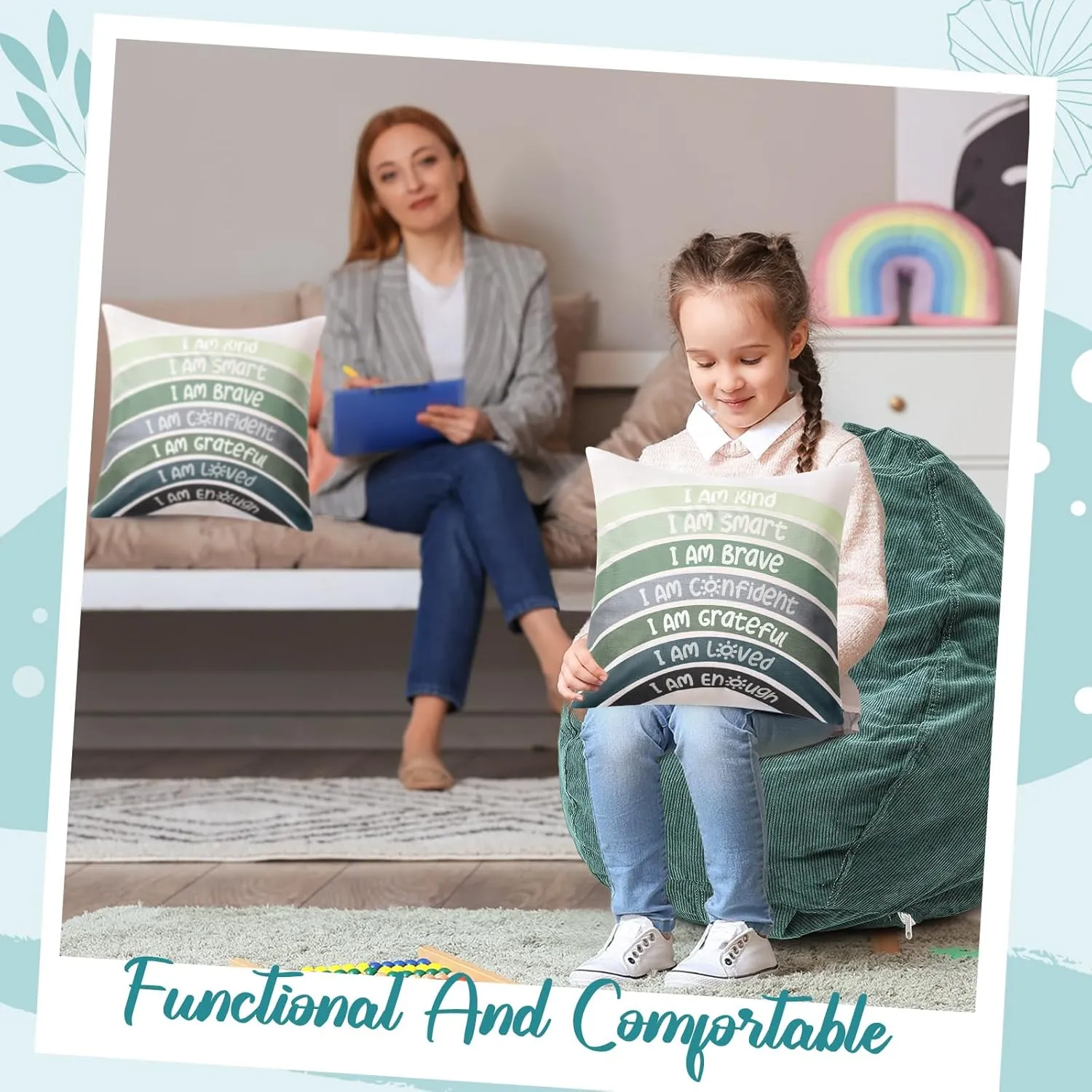Room Playroom Aesthetic Classroom Decor(Green) Reading rivalry undertaking Nook Bean Bag Cover and Rainbow Throw Pillow Covers Calming Corner Items for Cozy Reading Corner Nursery Toddler 
