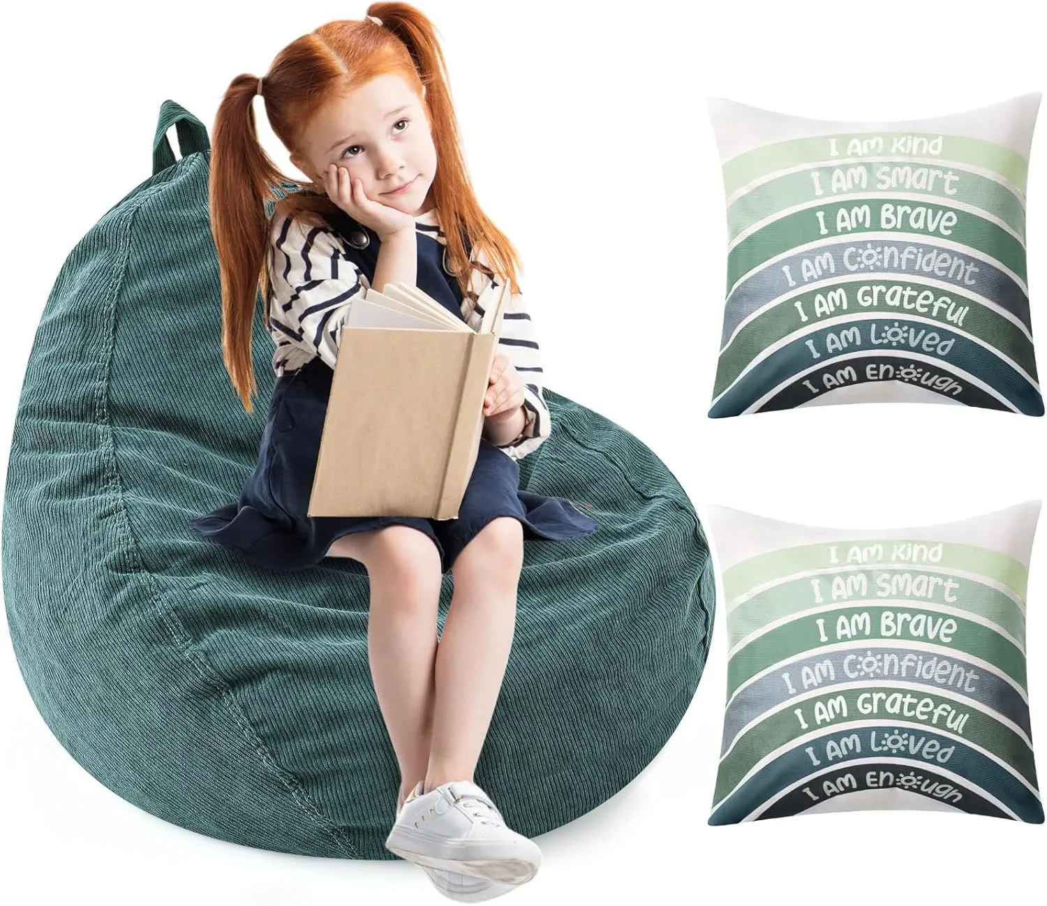 Room Playroom Aesthetic Classroom Decor(Green) Reading rivalry undertaking Nook Bean Bag Cover and Rainbow Throw Pillow Covers Calming Corner Items for Cozy Reading Corner Nursery Toddler 