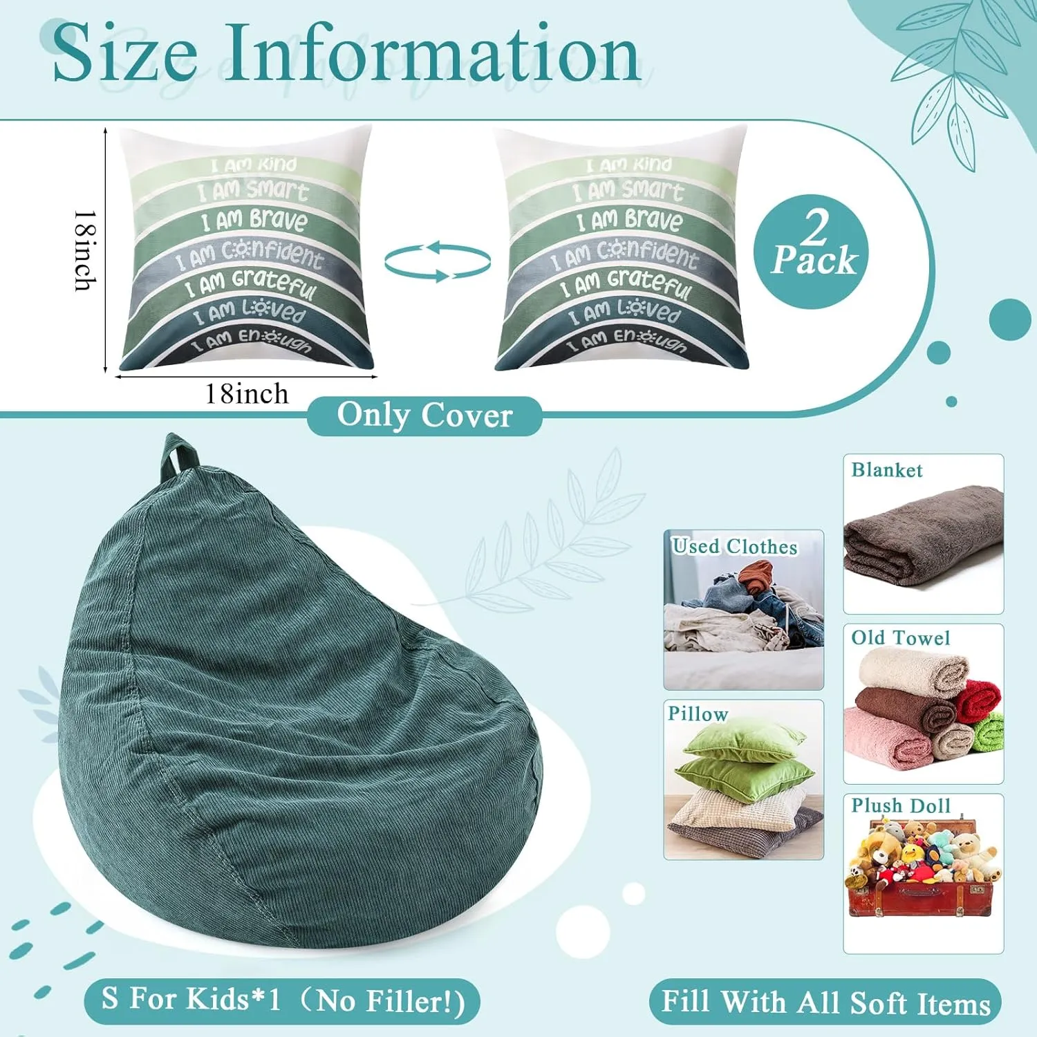 Room Playroom Aesthetic Classroom Decor(Green) Reading rivalry undertaking Nook Bean Bag Cover and Rainbow Throw Pillow Covers Calming Corner Items for Cozy Reading Corner Nursery Toddler 
