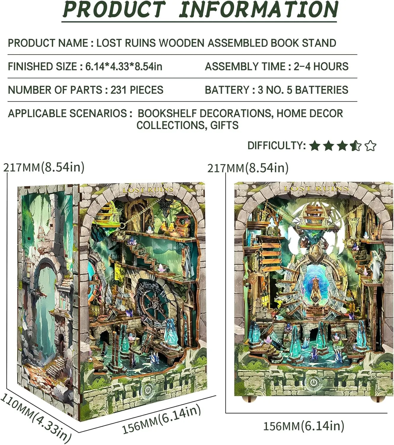 Ruins with Dust Cover) Spilay DIY Book Nook Kit,DIY Dollhouse Booknook Bookshelf Insert Decor Alley,Bookends Model Build wheel offering proficiently kit ,Handmade Crafts Gifts for Birthday Valentine's Day (Lost 