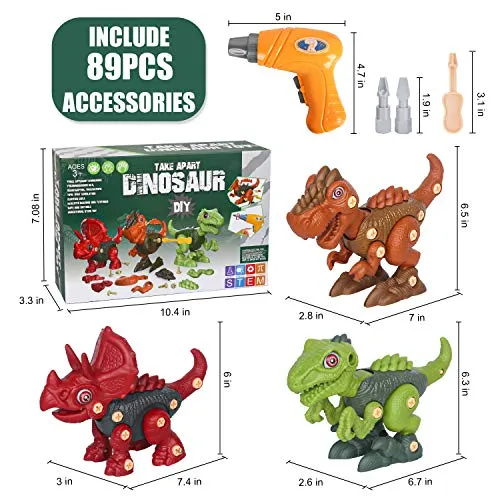 Sanlebi Take Apart Dinosaur Toys for Boys - Building Toy Set with Electric Drill Construction Engineering Play Kit STEM Learning for Kids Girls Age 3 4 5 Year Old