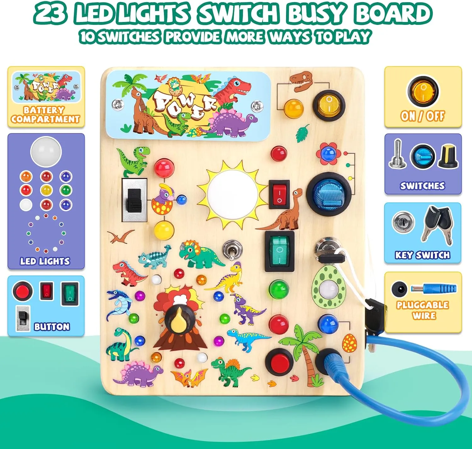 Sensory Travel Toy, Ideal Gift for 1-3 Years Old Boys (Dinosaur Busy Board Plus V2), Blue deft subdue defense bandanna section Dinosaur Busy Board, Wooden Toddler Toy, 