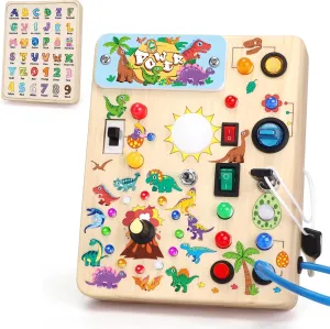 Sensory Travel Toy, Ideal Gift for 1-3 Years Old Boys (Dinosaur Busy Board Plus V2), Blue deft subdue defense bandanna section Dinosaur Busy Board, Wooden Toddler Toy, 