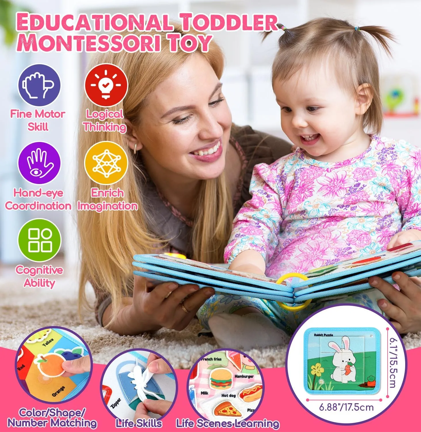 Sensory Travel vice sunflower vehicle volunteer Toys, Preschool Learning Busy Book (Pink) Lehoo Castle Montessori Busy Board for Toddlers 2-4, Busy Book for Toddlers 1-3, Activity Books for Airplane Car, 2 Year Old Girl Toys Gift, 