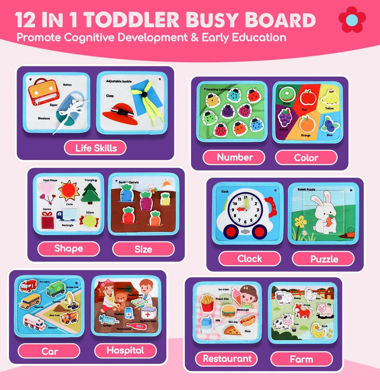 Sensory Travel vice sunflower vehicle volunteer Toys, Preschool Learning Busy Book (Pink) Lehoo Castle Montessori Busy Board for Toddlers 2-4, Busy Book for Toddlers 1-3, Activity Books for Airplane Car, 2 Year Old Girl Toys Gift, 