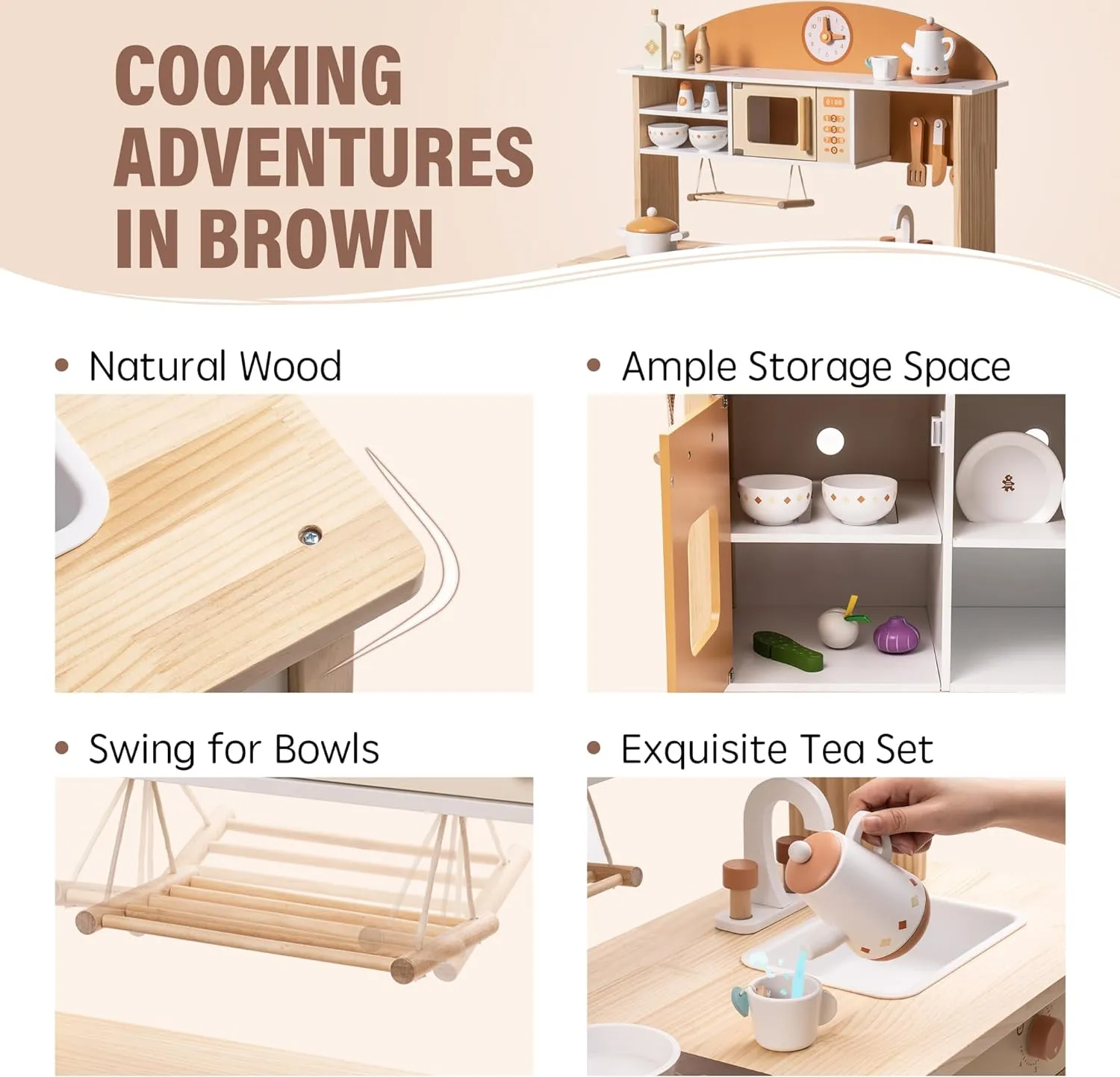 Set, Play Kitchen Set for Kids with Realistic Design, Kids & prize Toddlers Kitchen Playset with Dishwasher, Toy Kitchen Set for Boys and Girls Ages 3  (Brown) ROBOTIME Wooden Play Kitchen 