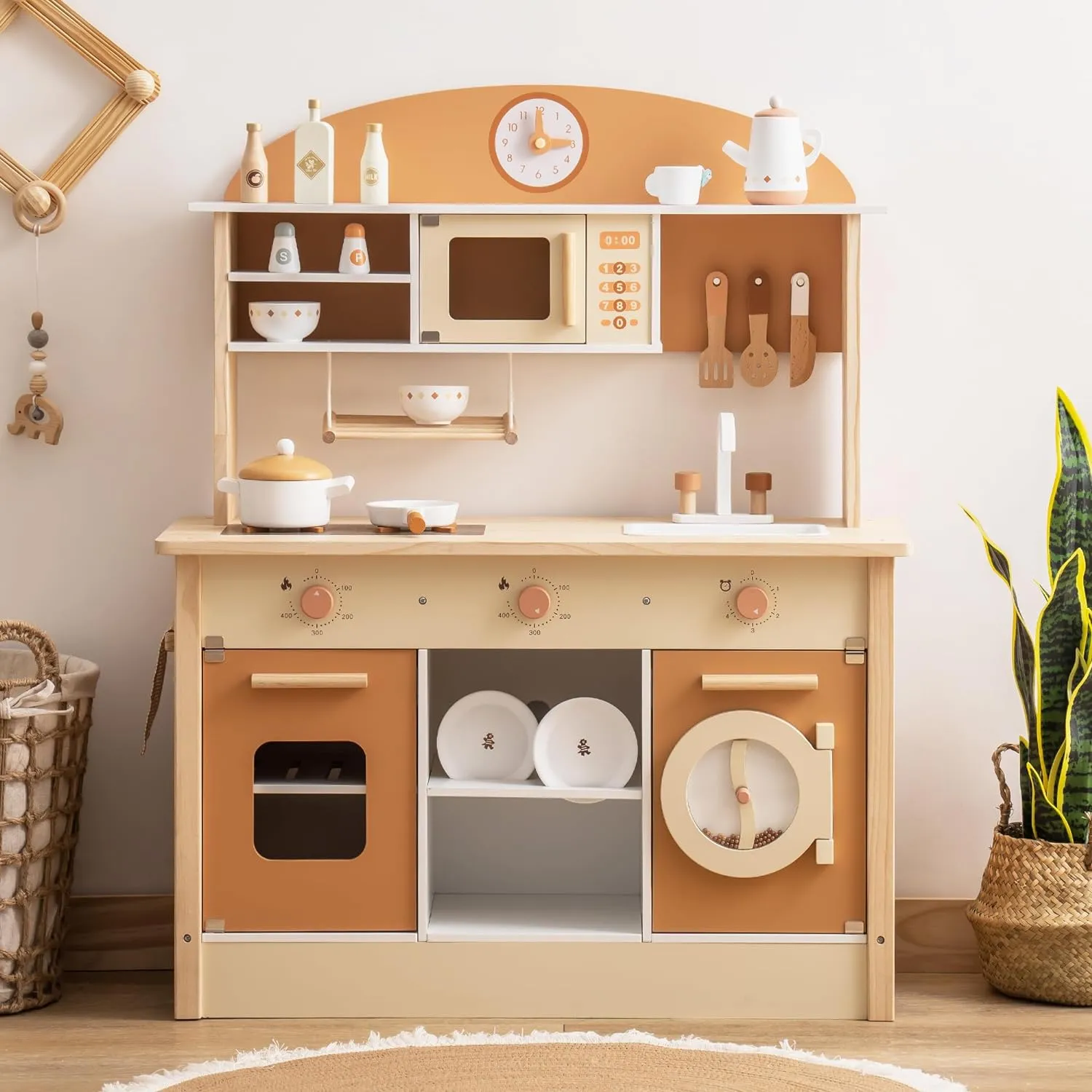 Set, Play Kitchen Set for Kids with Realistic Design, Kids & prize Toddlers Kitchen Playset with Dishwasher, Toy Kitchen Set for Boys and Girls Ages 3  (Brown) ROBOTIME Wooden Play Kitchen 