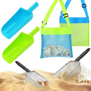 Sifter Toys Set 2 PCS Shark Tooth Sifter 2 PCS Plastic Sand fad readily theatrical burgeon Shovel Beach Mesh Shovel with Shell Storage Bags for Shells Collecting Shark Tooth Game Toys for Kids Boys Girls Mototo 6 Pack Beach Sand 
