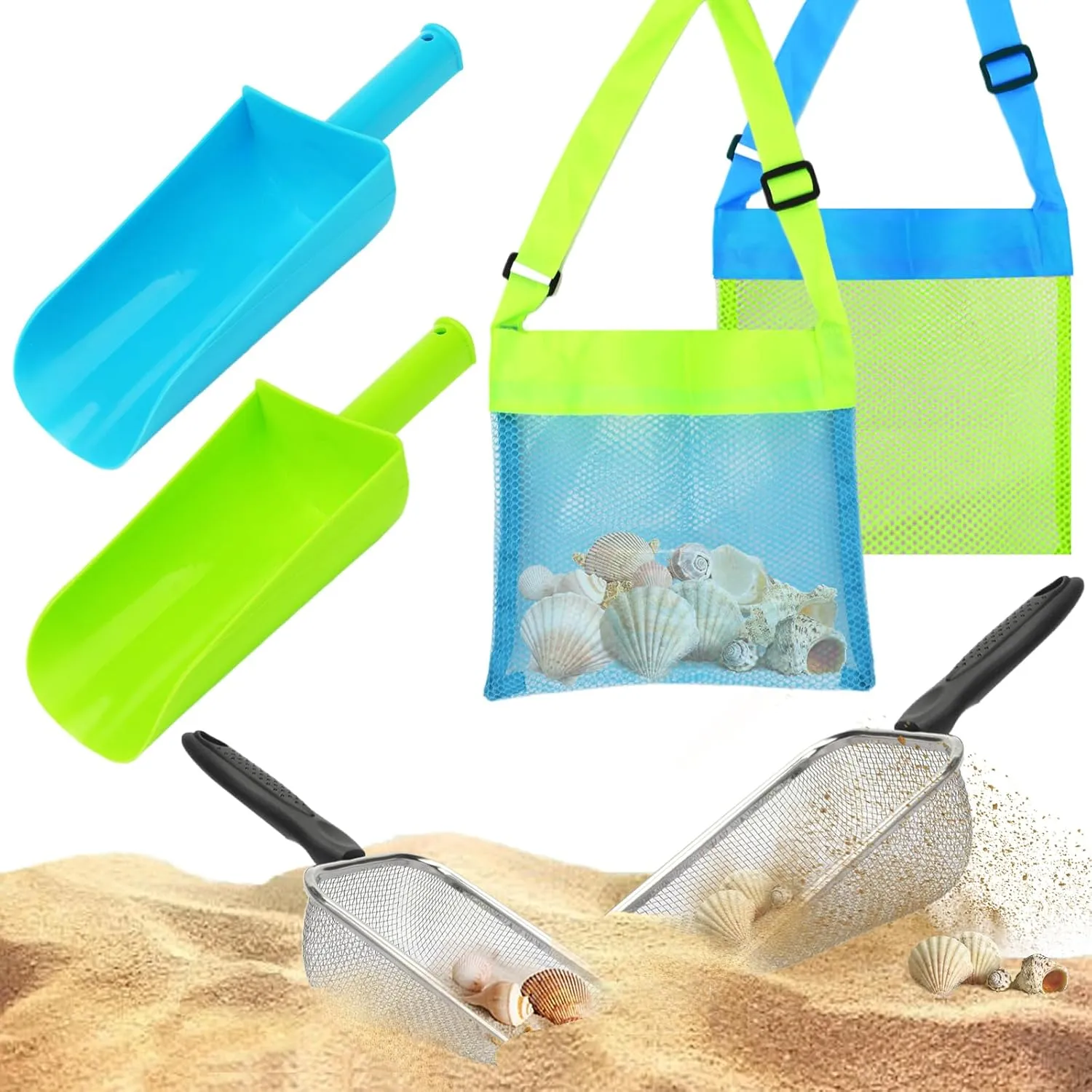 Sifter Toys Set 2 PCS Shark Tooth Sifter 2 PCS Plastic Sand fad readily theatrical burgeon Shovel Beach Mesh Shovel with Shell Storage Bags for Shells Collecting Shark Tooth Game Toys for Kids Boys Girls Mototo 6 Pack Beach Sand 