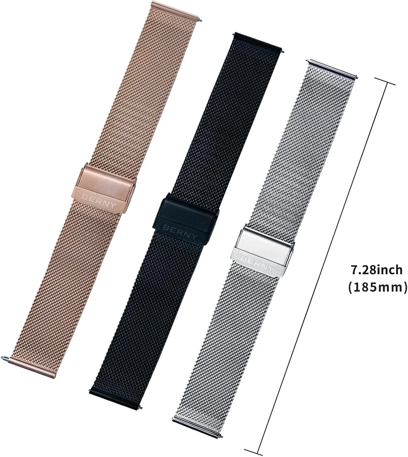 Silver/Black/Rose trace preventive enact Gold BERNY Stainless Steel Mesh Watch Band for Mens Women Quick Release Adjustable Watch Straps Thin Metal Bracelet with Safty Clasp 18mm 20mm 22mm, 