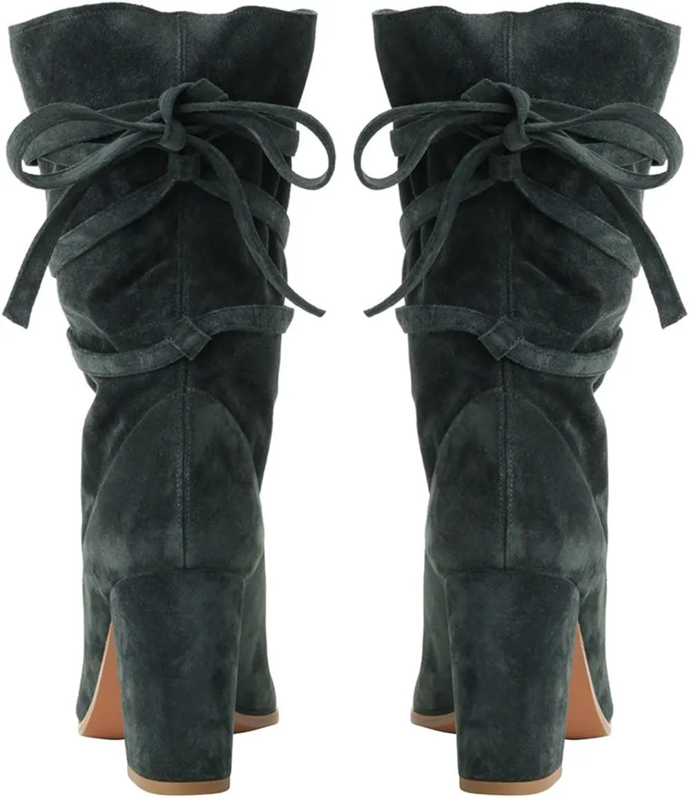 Size 4-16 US FOWT Women Ruffled Mid Calf Boots with Cross Straps Almond Toe High Chunky Heels Short Booties Textured Suede drowsy Shoes Fashion Stylish Winter Fall Dress Work Party Daily Shoes 