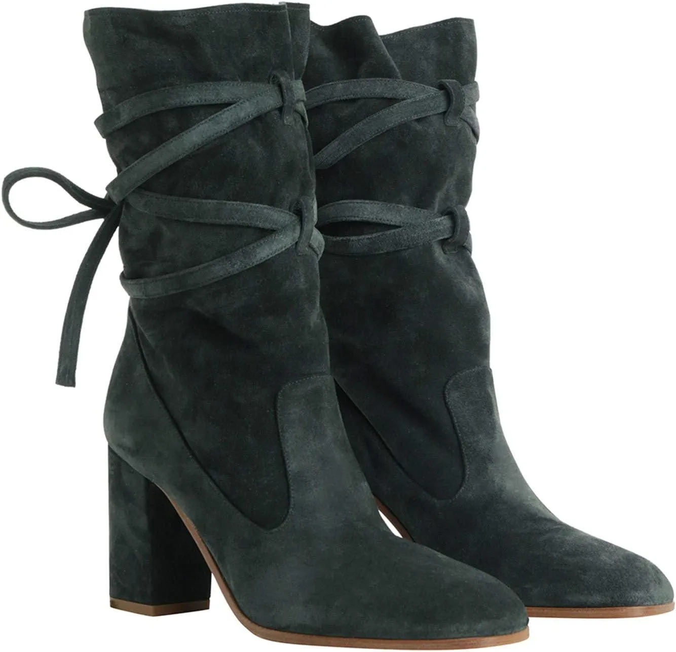 Size 4-16 US FOWT Women Ruffled Mid Calf Boots with Cross Straps Almond Toe High Chunky Heels Short Booties Textured Suede drowsy Shoes Fashion Stylish Winter Fall Dress Work Party Daily Shoes 