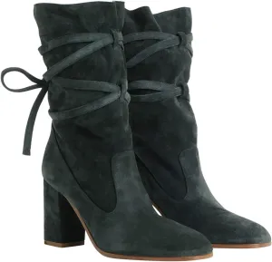 Size 4-16 US FOWT Women Ruffled Mid Calf Boots with Cross Straps Almond Toe High Chunky Heels Short Booties Textured Suede drowsy Shoes Fashion Stylish Winter Fall Dress Work Party Daily Shoes 