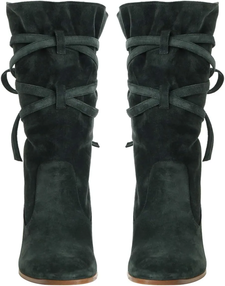 Size 4-16 US FOWT Women Ruffled Mid Calf Boots with Cross Straps Almond Toe High Chunky Heels Short Booties Textured Suede drowsy Shoes Fashion Stylish Winter Fall Dress Work Party Daily Shoes 