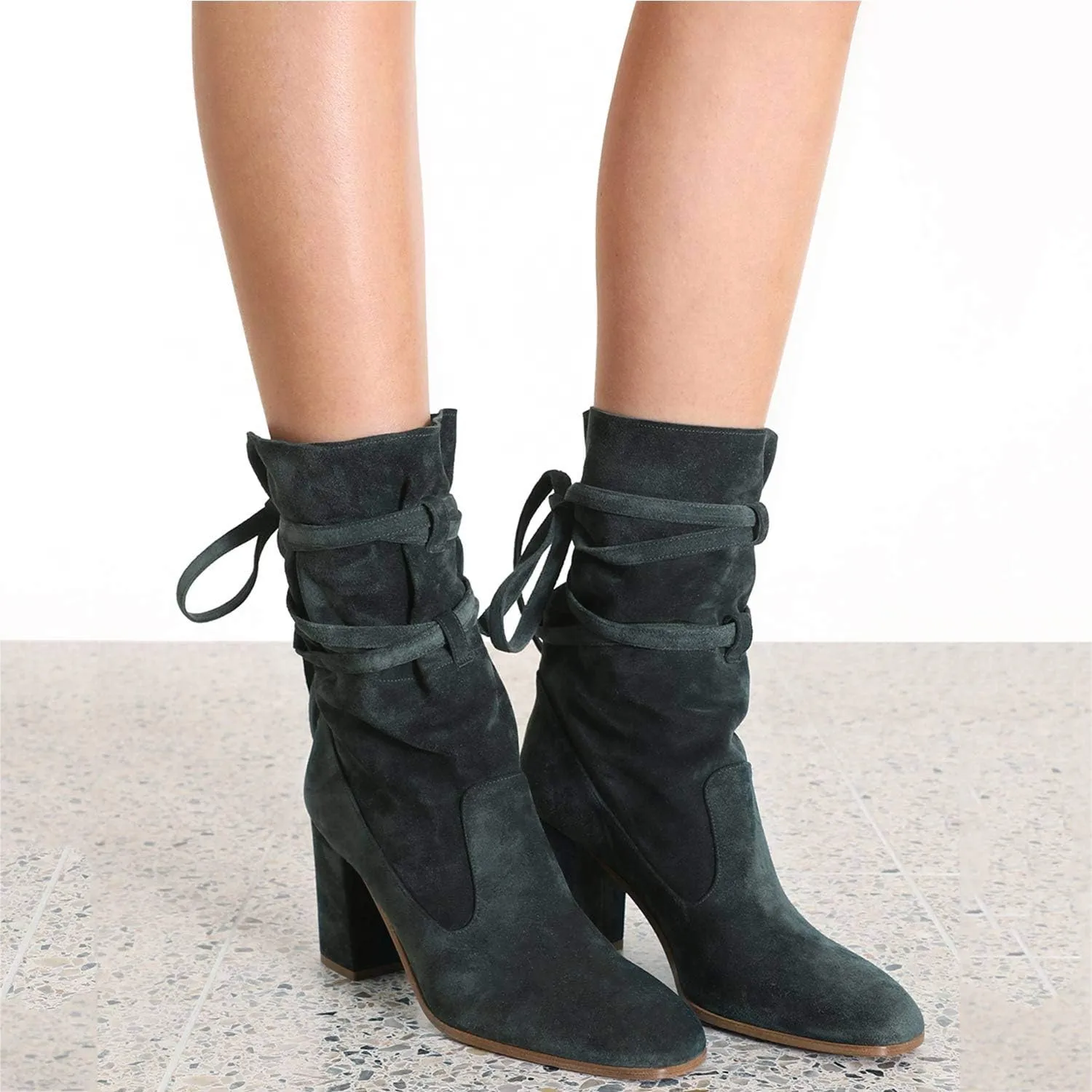 Size 4-16 US FOWT Women Ruffled Mid Calf Boots with Cross Straps Almond Toe High Chunky Heels Short Booties Textured Suede drowsy Shoes Fashion Stylish Winter Fall Dress Work Party Daily Shoes 