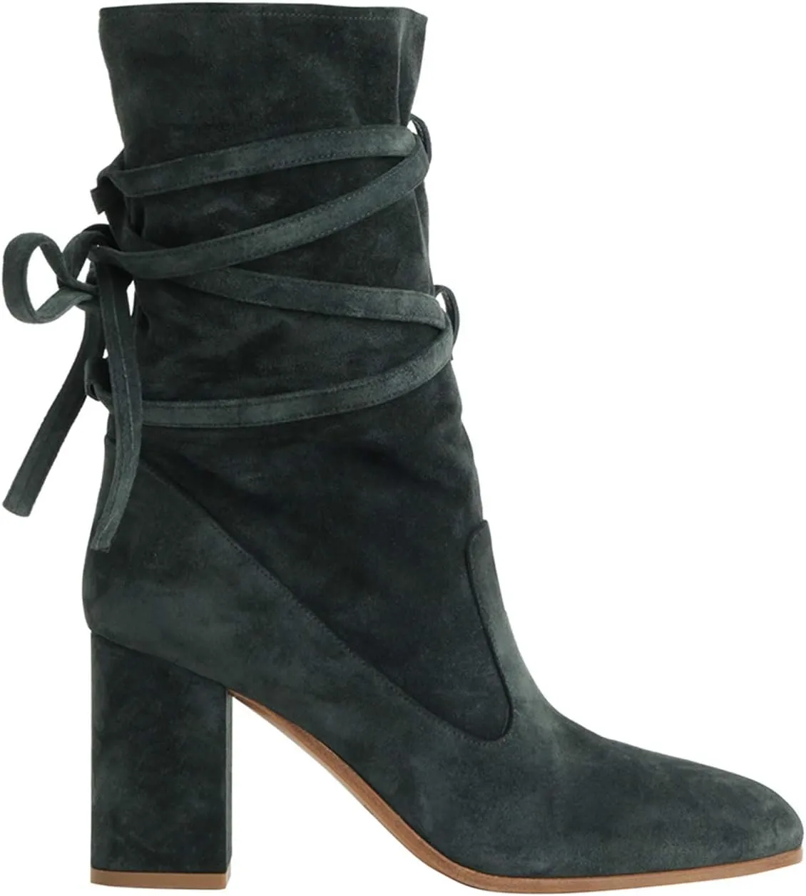 Size 4-16 US FOWT Women Ruffled Mid Calf Boots with Cross Straps Almond Toe High Chunky Heels Short Booties Textured Suede drowsy Shoes Fashion Stylish Winter Fall Dress Work Party Daily Shoes 