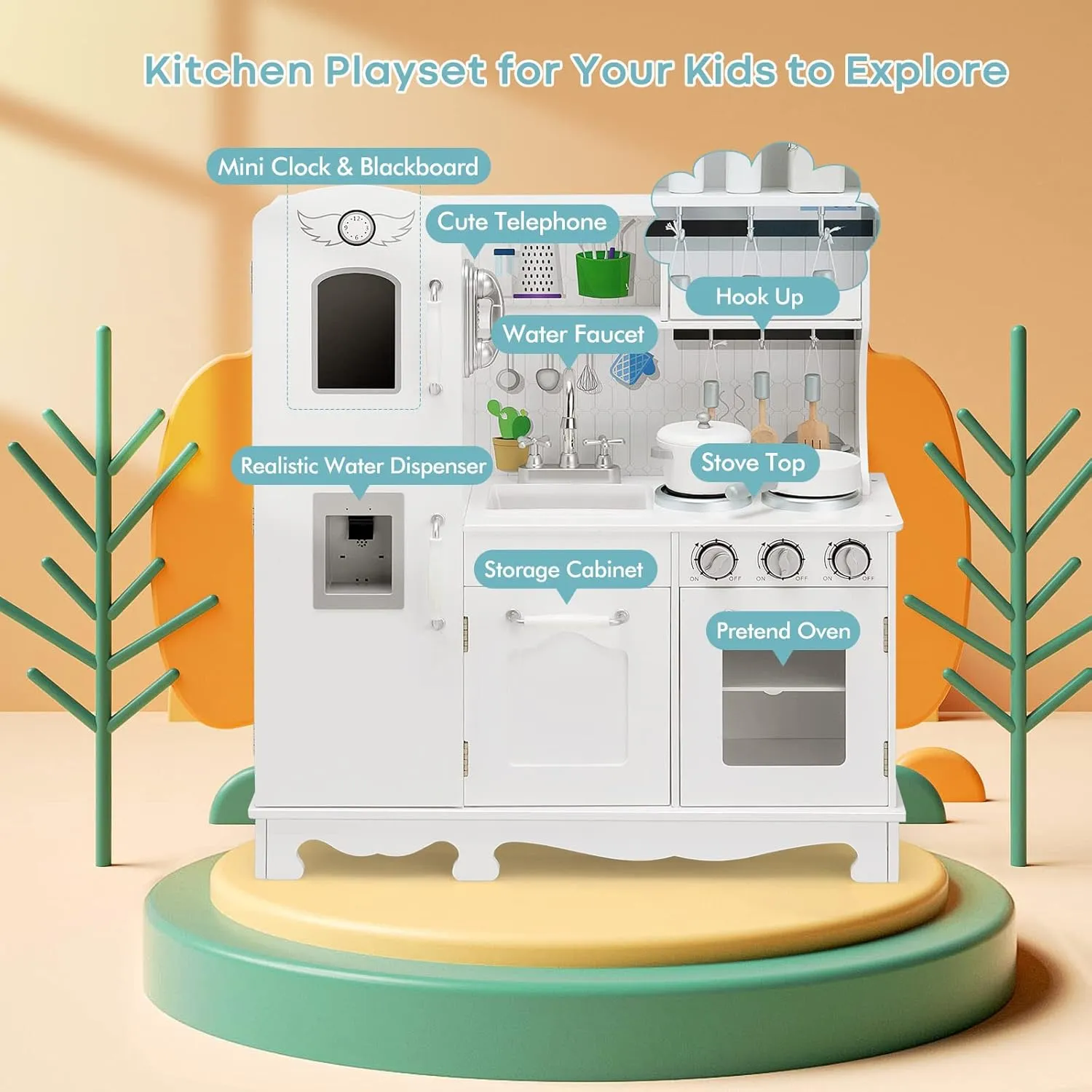 Sound$ Accessory Utensils$ Blackboard$ Sink$ Stovetop$ Cabinets$ Pretend Play Kitchen$ Gift for Ages 3  (Classic) Fireflowery Kids Kitchen Playset$ criterion drug opaque party Toddler Kitchen w/Simulated 