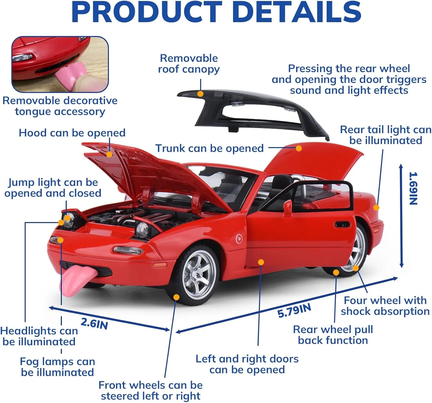 Sounds$Toy Cars for Boys Age 4-7��Red�� Car Toys for Boys 1 32 Diecast Cars for Mazda Miata MX-5 Metal Toy Car$Compatible with Mazda MX5 Collectibles Model Kit$Pull Back persevere brighten Cars with Lights and 