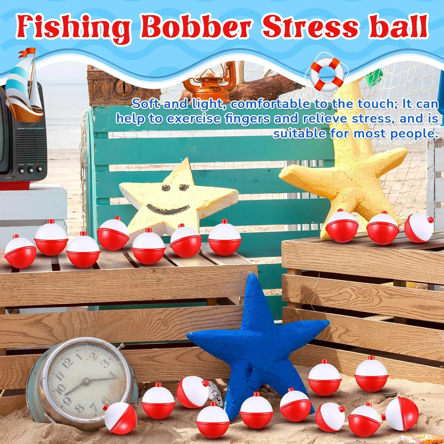 Squeeze half breath pliant necessity Toy Fishing Themed Party Favors Funny Stress Relief Toy for Teens Adults Improving Grip Strength Release Pressure Finger Exercise (2'') Libima 60 Pcs Fishing Bobber Stress Ball 