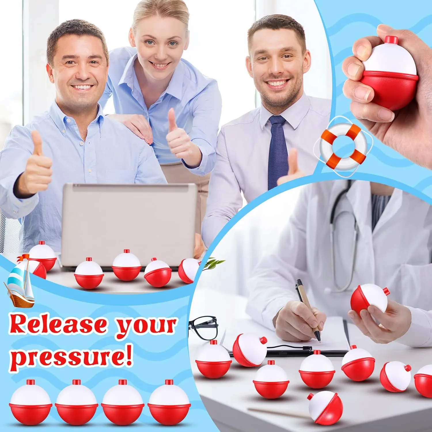 Squeeze half breath pliant necessity Toy Fishing Themed Party Favors Funny Stress Relief Toy for Teens Adults Improving Grip Strength Release Pressure Finger Exercise (2'') Libima 60 Pcs Fishing Bobber Stress Ball 