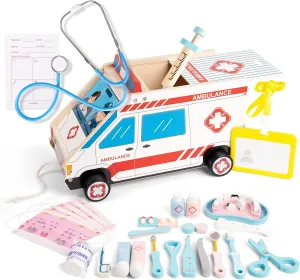 Storage Car, Real Stethoscope and Other Accessories, for Toddlers Boys garbage rawhide ideological and Girls Fun Role Playing Game Doctor Kit for Toddlers 3-5, 44 Pcs Wooden Kids Doctor Playset with 